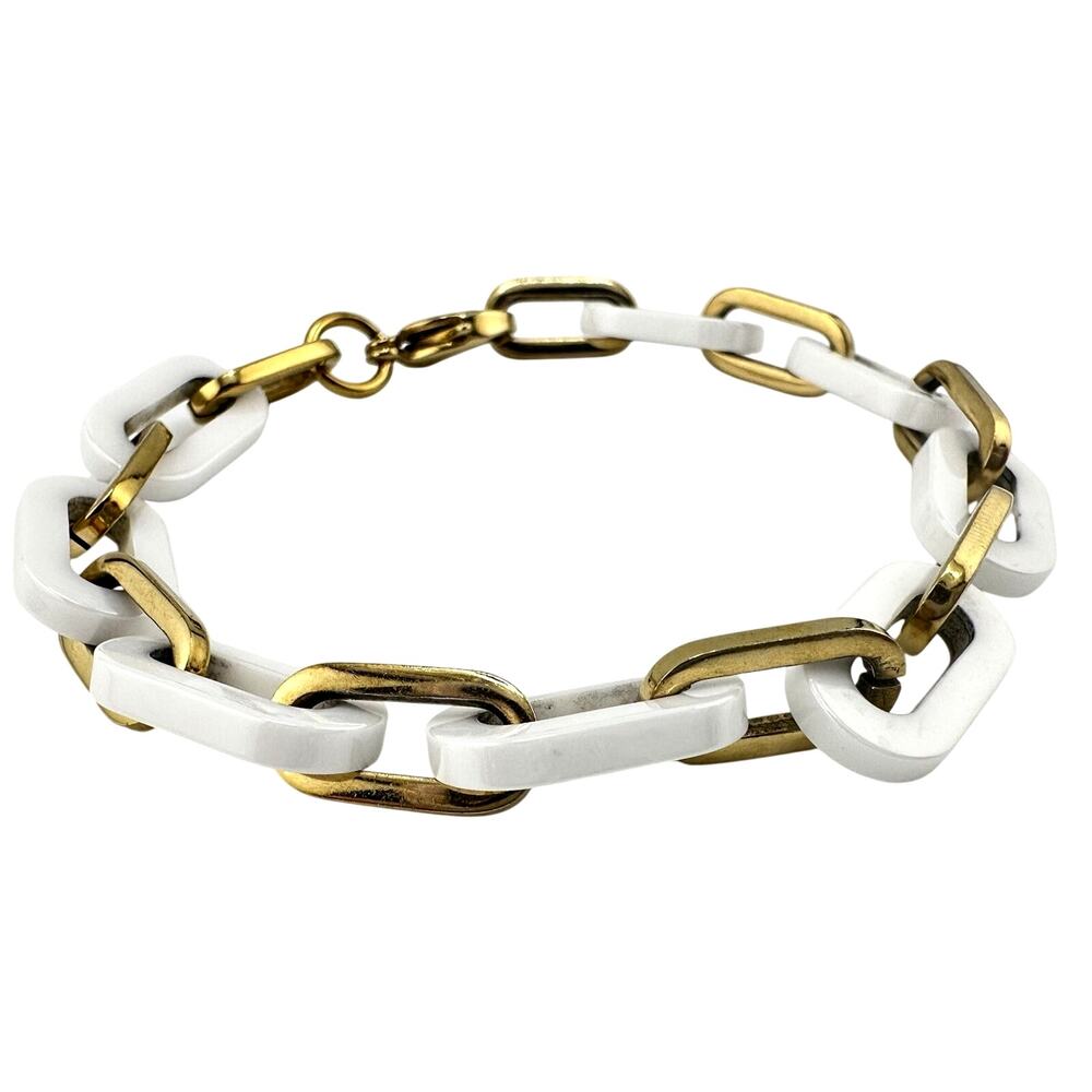 Modern Unique White Glass Gold Tone Large Paperclip Chain 7.75” Bracelet - Picture 2 of 6
